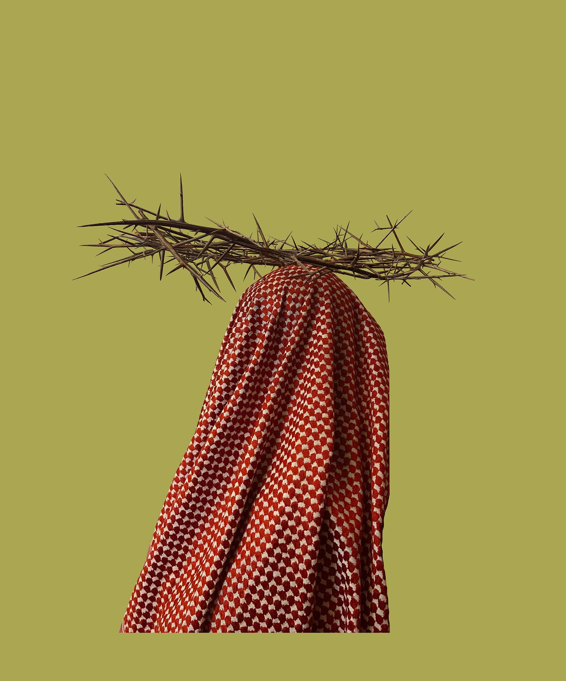Palestinian woman is covered by a national scarf and carrying the weight of pain and thorns on her head