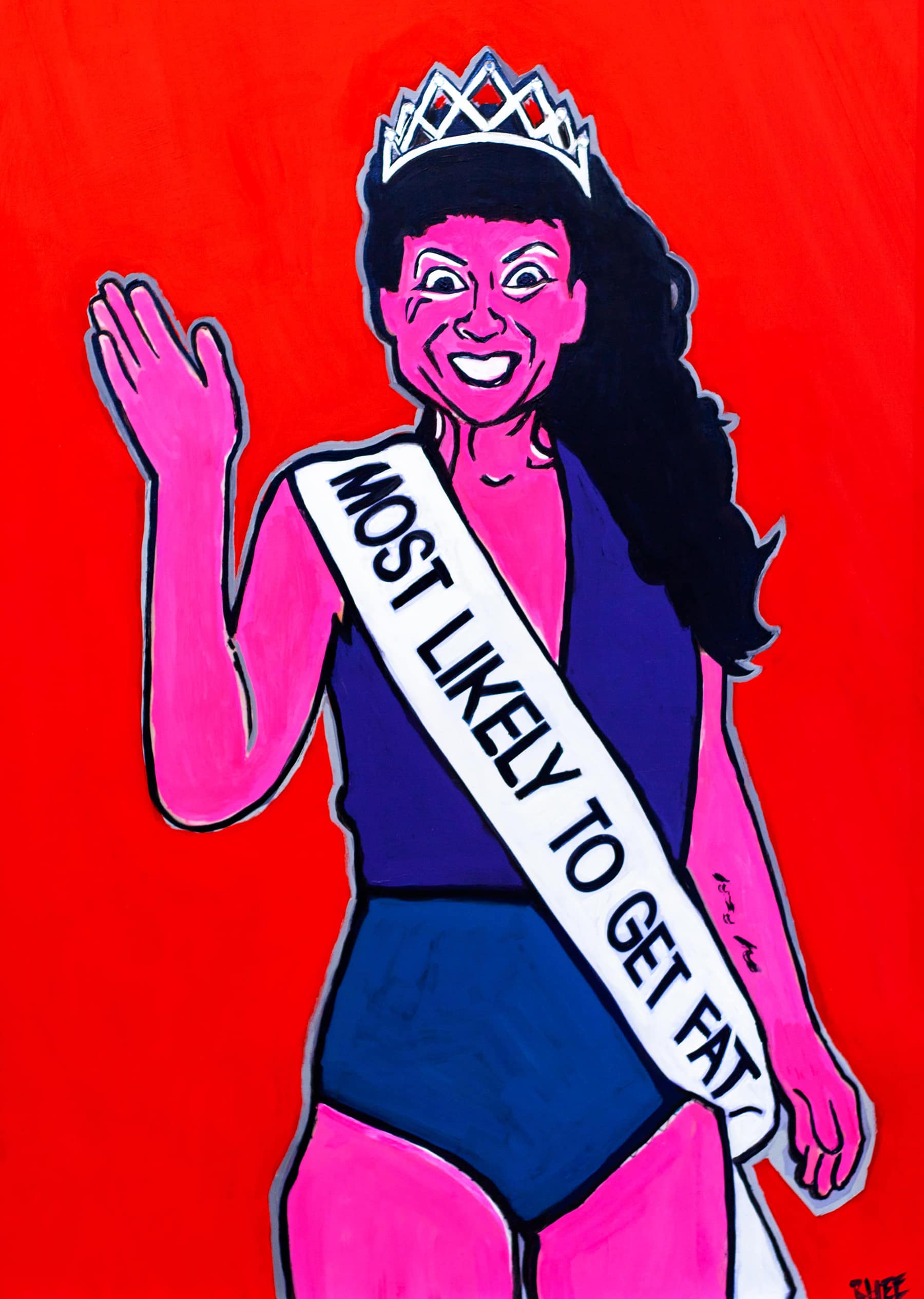 Painting of a pageant winner in crown with a sash that reads "Most likely to get fat"