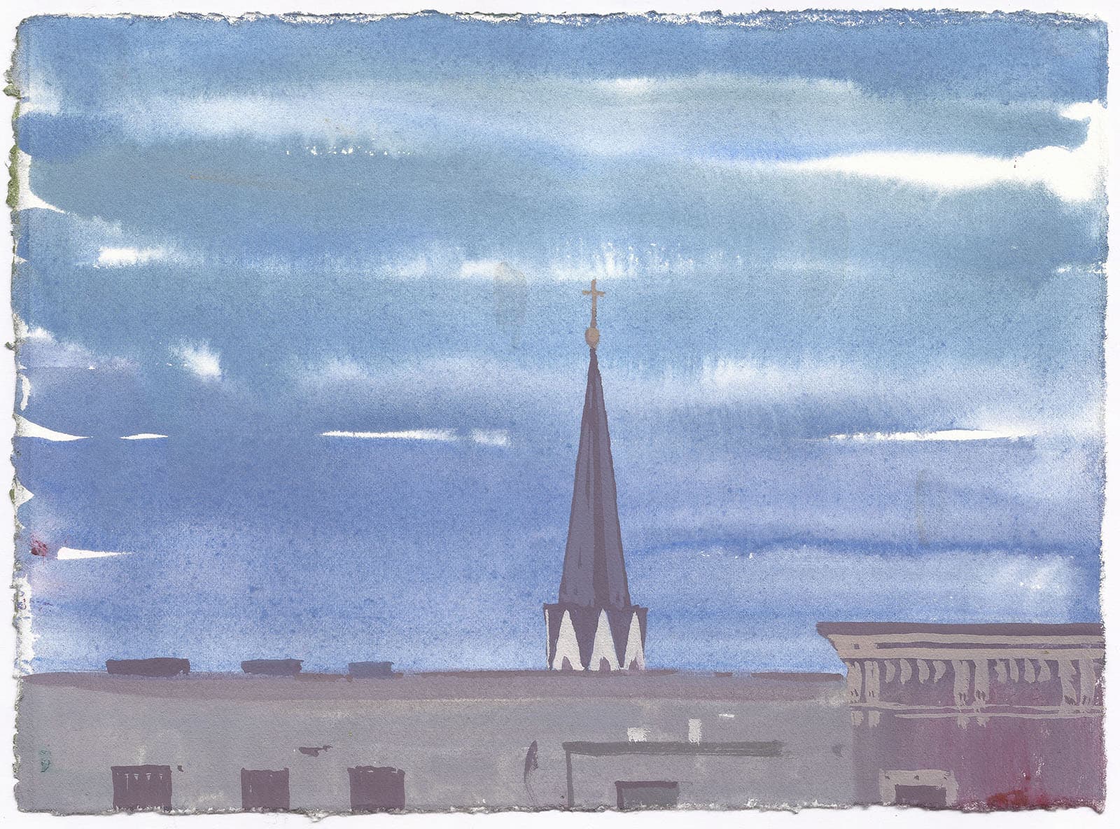 Windy evening with church steeple in blue light